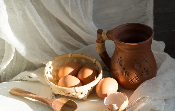 Picture light, table, food, eggs, spoon, fabric, pitcher, still life, composition, pot, gauze