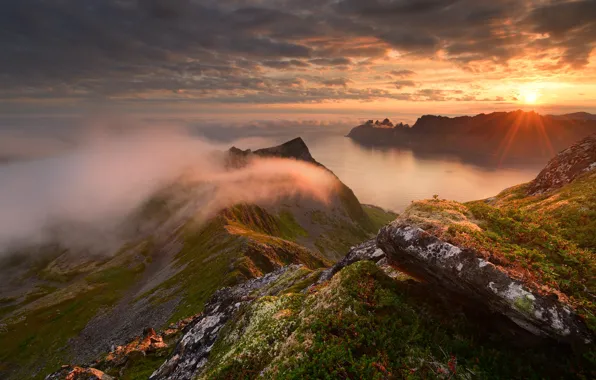 Picture sea, the sun, clouds, rays, mountains, rocks, island, Norway, Senja, Lofoten, Maxim Evdokimov