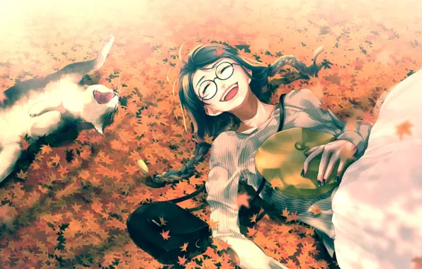 Picture laughter, fun, glasses, fallen leaves, lying on her back, yawning cat, сумрчка
