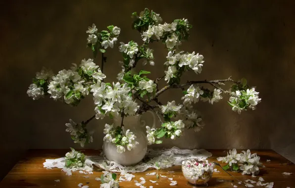 Picture light, flowers, branches, bouquet, spring, petals, ice cream, white, still life, placer, flowering, dessert, napkin, …