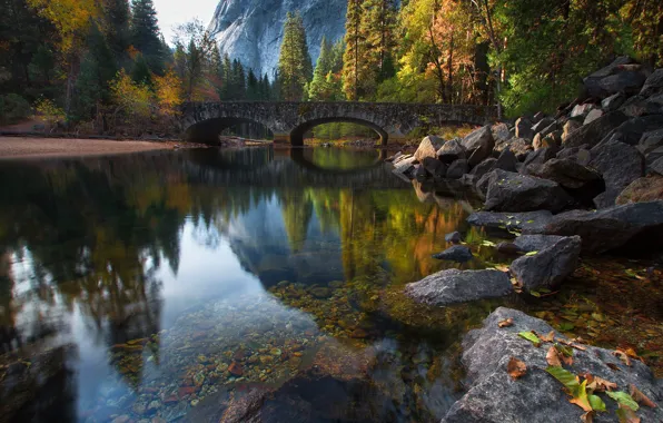 Picture forest, trees, mountains, bridge, river, stones, rocks, USA, California, Yosemite National Park, Sierra Nevada, Merced …