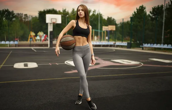 Picture girl, pose, the ball, figure, basketball, Playground, Ivan Kovalev, Алика Павлова