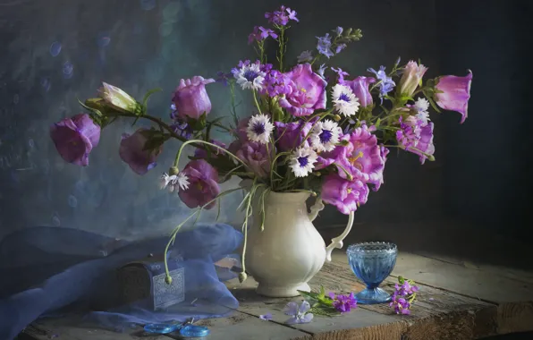Picture flowers, Board, bouquet, fabric, box, vase, still life, bells, different, lilac, scissors, cornflowers, ramekin