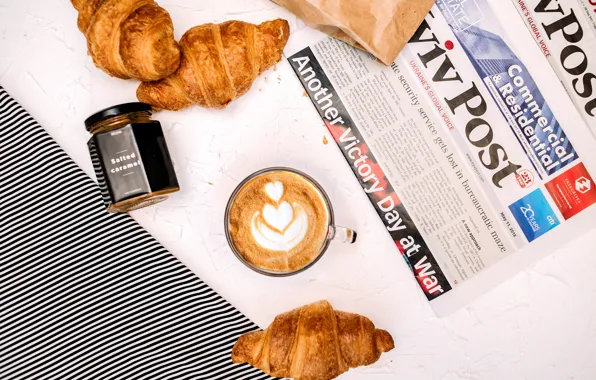 Picture strips, coffee, newspaper, caramel, croissant, croissants, predmeta