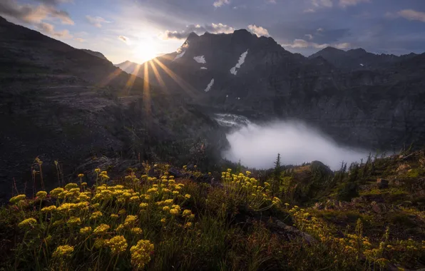Picture the sun, rays, light, flowers, mountains, fog, lake, rocks, the slopes, view, height, waterfall, morning, …