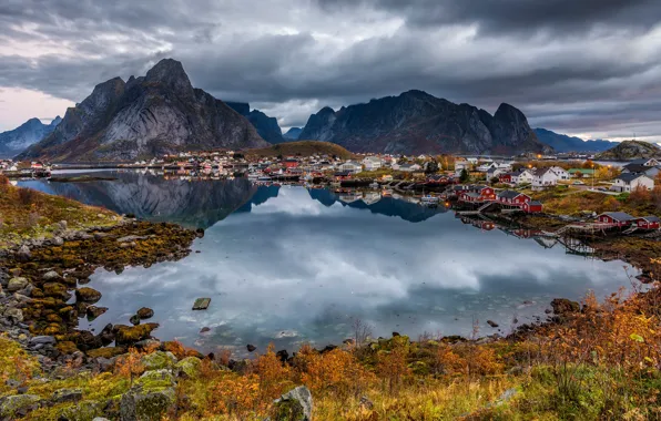 Picture autumn, clouds, light, landscape, mountains, clouds, nature, reflection, stones, shore, vegetation, Norway, houses, pond, the …
