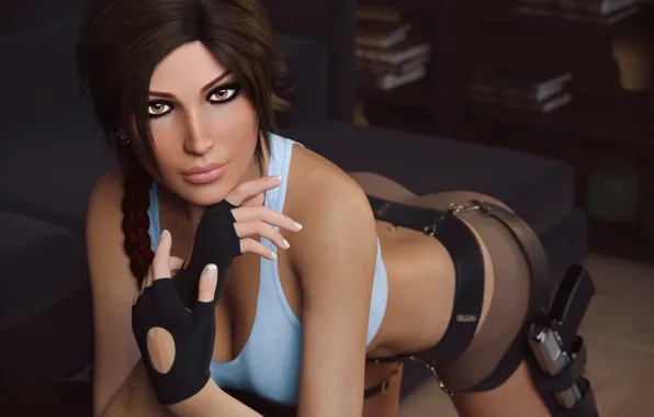 Picture ass, chest, look, girl, rendering, body, beauty, gloves, lara croft, tomb raider