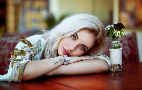 Picture look, girl, flowers, face, mood, portrait, hands, tattoo, blonde, bracelet, Hakan Erenler