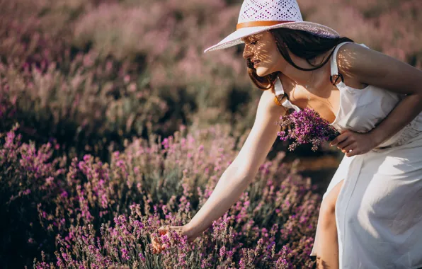 Picture girl, flowers, portrait, hat, lavender, lavender field