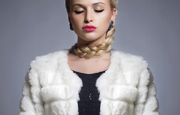 Picture background, model, portrait, makeup, jacket, hairstyle, blonde, fur, braid, beauty, closed eyes