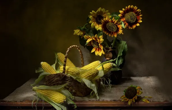 Picture sunflowers, flowers, table, bouquet, corn, vase, still life, basket, burlap, the cob