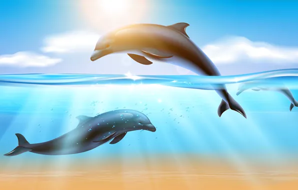 Picture Water, Sea, Dolphins, Underwater world, Seascape, Rays of light, Vector graphics, Sunlight, Прыгающие дельфины