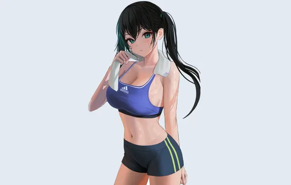 Picture girl, sexy, anime, Sports, pretty, exercise, sweat, fitness, towel, tights, sports bra, swearing