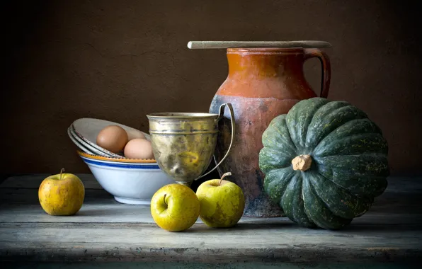Picture the dark background, apples, food, eggs, dishes, pumpkin, fruit, still life, composition