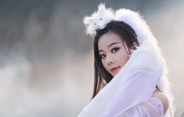 Picture look, girl, style, portrait, makeup, Fox, Asian, in white, Fox, headdress, on the head