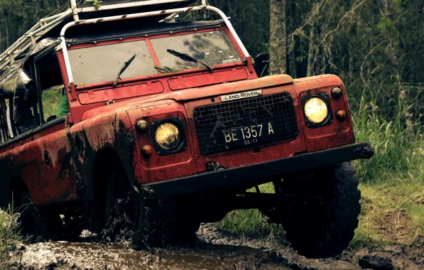 Picture Red, Land Rover, 4x4, Defender, Offroad, Mud