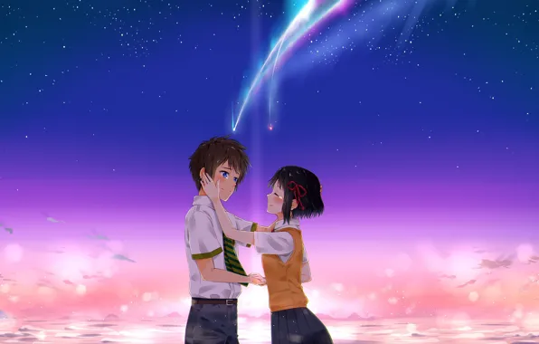 Picture sunset, the evening, anime, art, comet, Kimi no VA On, Your name
