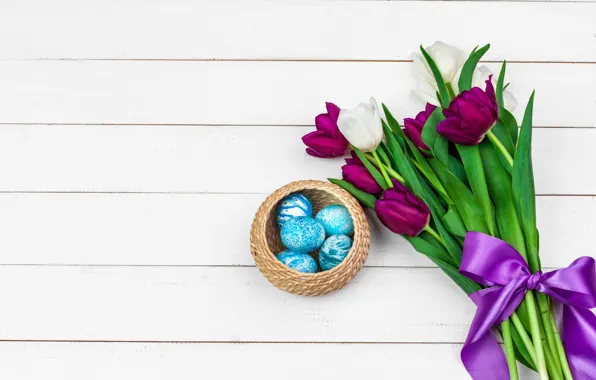 Picture flowers, eggs, spring, Easter, tulips, happy, yellow, wood, flowers, tulips, spring, Easter, purple, eggs, decoration
