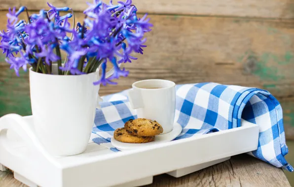 Picture flowers, tea, cookies, Cup, tray