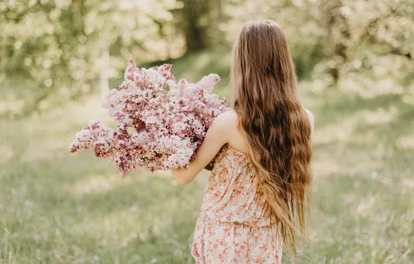 Picture girl, nature, hair, back, spring, lilac, bokeh