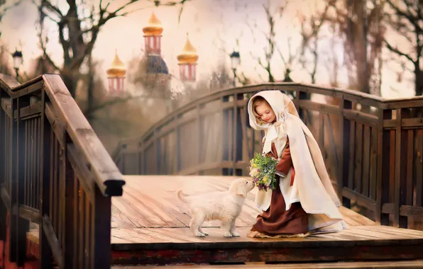 Picture girl, Church, puppy, the bridge, child, dome, lady, Oksana Mitina