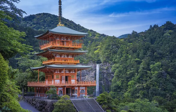 Picture forest, mountains, waterfall, pagoda, Japan, Nachi Falls, Seigantoji Pagoda