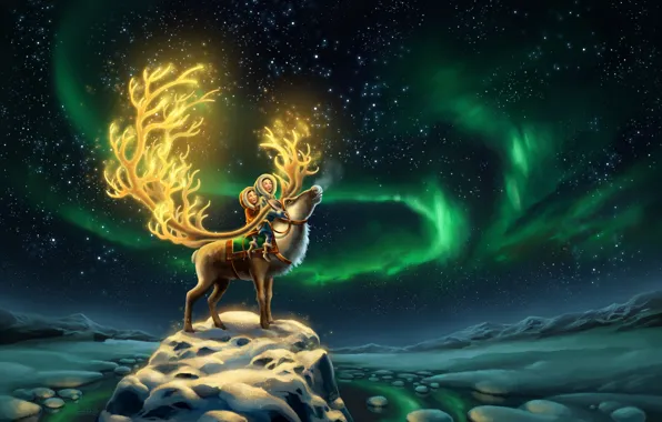 Picture The sky, Night, Stars, Snow, Children, Deer, Aurora, Fantasy, Sisters, Aurora, North, Animal, North, Reindeer, …