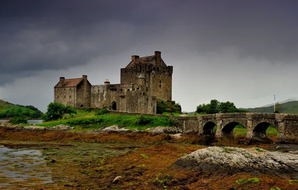 Picture the sky, clouds, bridge, stones, castle, overcast, hills, shore, Scotland, tower, arch, architecture, pond, history, …