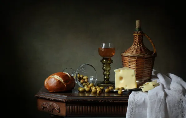 Picture wine, glass, bottle, cheese, bread, olives