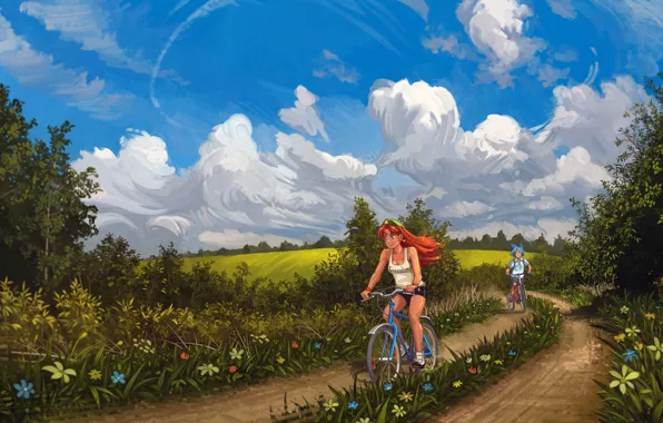 Picture summer, trees, field, Mike, red, flowers, vacation, takes, blue sky, Cirno, dirt road, on bikes, …