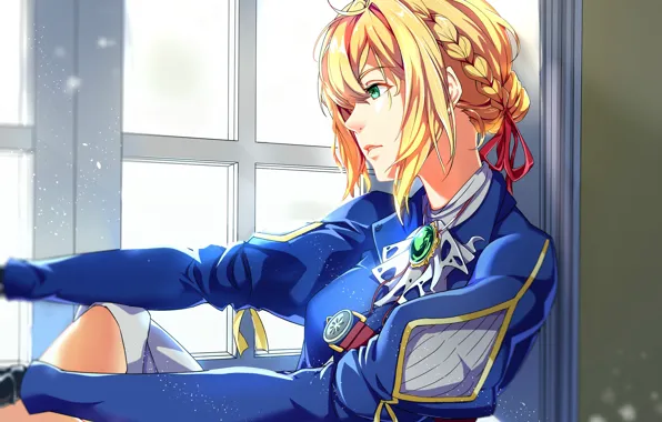 Picture art, pigtail, sad, window, brooch, Egoist, sitting on the windowsill, red ribbon, Violet Evergarden