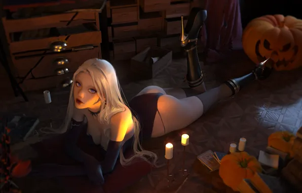 Picture candles, boxes, twilight, blue eyes, halloween, Jack, lying on the floor, high boots, long white …