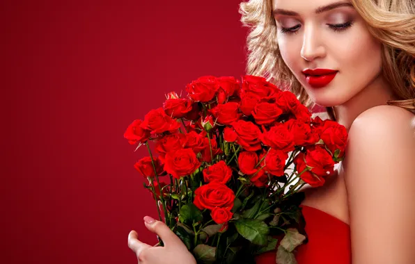 Picture girl, background, roses, bouquet, makeup, blonde, Mykhailo Orlov