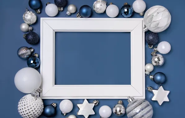 Picture balls, decoration, holiday, balls, frame, Christmas, New year, white, stars, blue, a lot, different, blue …