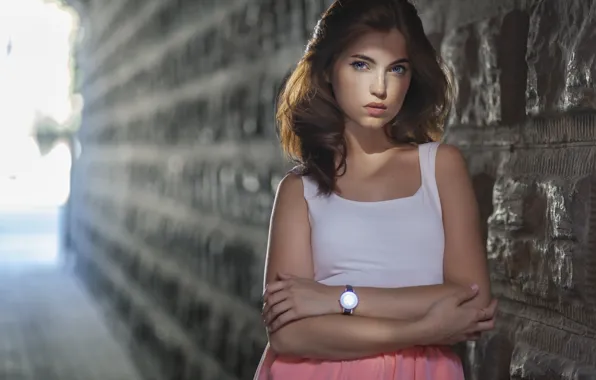 Picture look, girl, wall, watch, Mike, brown hair, Dmitry Chernov