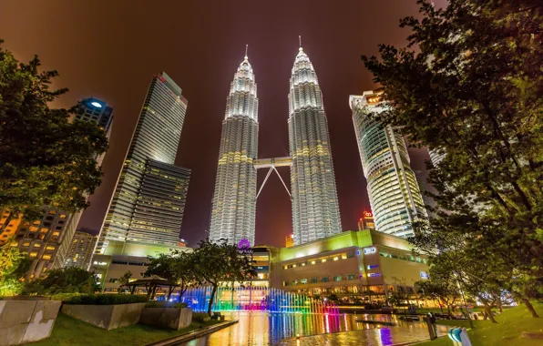 Picture night, lights, tower, fountain, Malaysia, Kuala Lumpur
