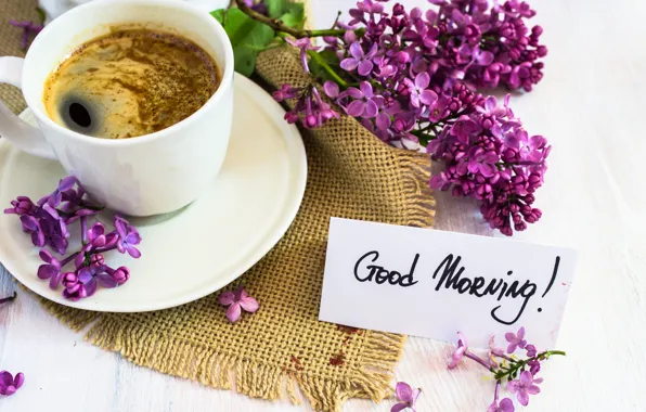 Picture coffee, bouquet, morning, Cup, lilac