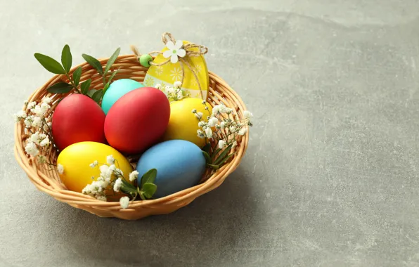 Picture flowers, background, eggs, Easter, basket, eggs