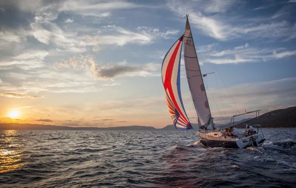 Picture sea, the sun, sunset, the way, coast, the evening, yacht, sails