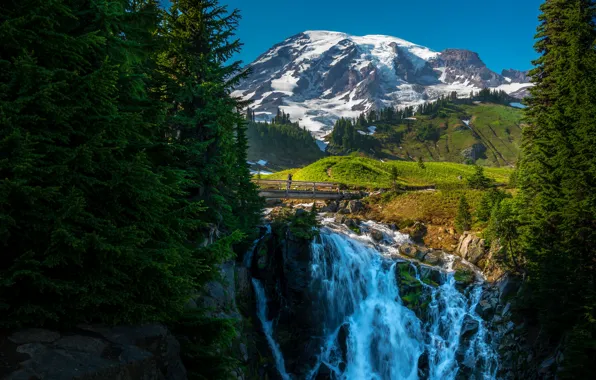 Picture forest, mountains, bridge, waterfall, valley, cascade, National Park mount Rainier, Mount Rainier, The cascade mountains, …