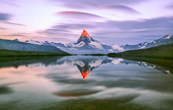 Picture the sky, clouds, light, mountains, lake, morning, Alps, top, Matterhorn, The Pennine Alps