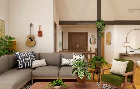 Picture room, sofa, guitar, interior, plants, chair, pillow, mirror, acoustic guitar, ukulele