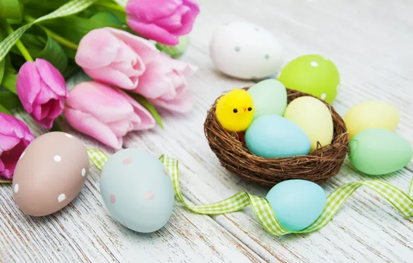 Picture flowers, eggs, spring, colorful, Easter, tulips, happy, wood, pink, flowers, tulips, spring, Easter, eggs, decoration