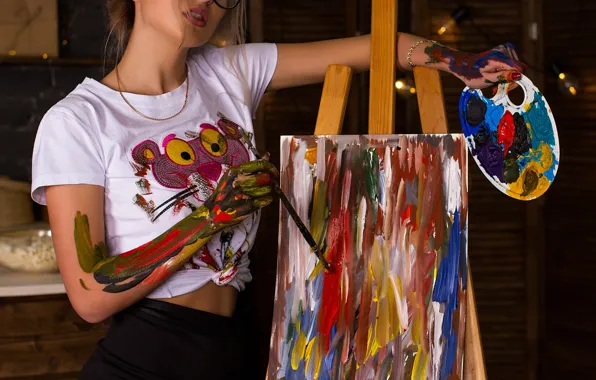 Picture paint, Girl, glasses, t-shirt, palette, brush, canvas, Cyril Zakirov, Nastya Pavlova