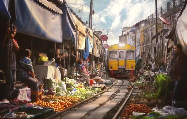 Picture the city, people, train, Thailand, Bangkok, market