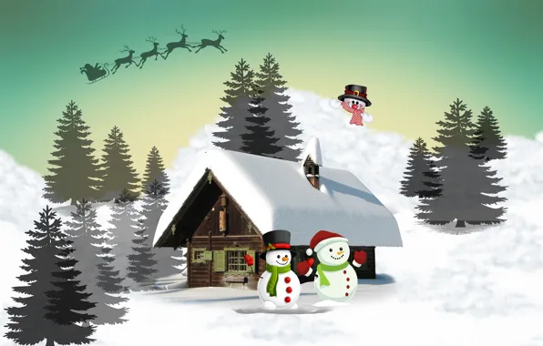 Picture snow, landscape, house, Christmas, snowmen