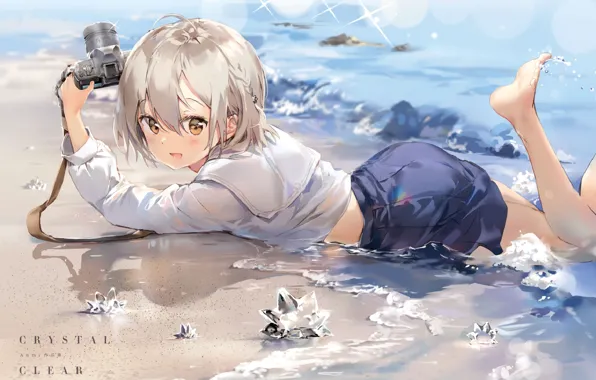 Picture wave, glare, the camera, girl, crystals, schoolgirl, vacation, white hair, lying on the beach, bangs, …