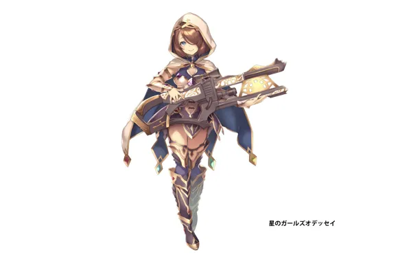 Picture smile, hood, girl, white background, cloak, high boots, super-weapons