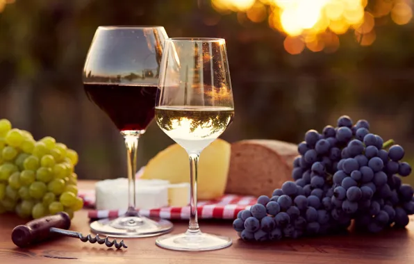 Picture the sun, glare, table, background, wine, cheese, glasses, bread, grapes, corkscrew, napkin, bokeh