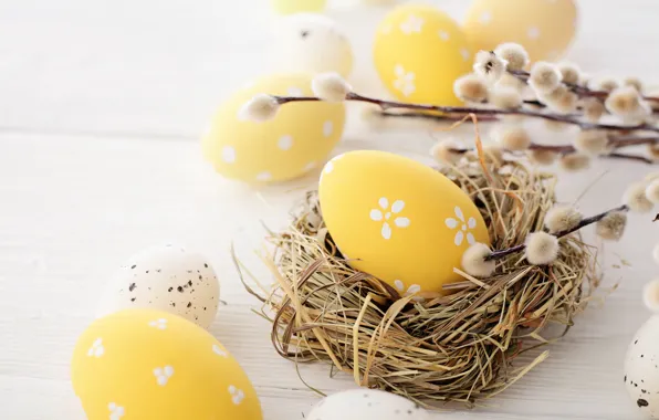 Picture branches, Board, eggs, spring, yellow, Easter, socket, light background, Verba, painted, composition